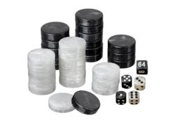 Backgammon pieces, large, 34 x 10 mm, plastic, black / white, incl. dice