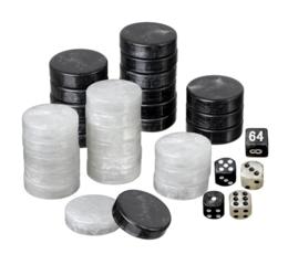 Backgammon pieces, large, 34 x 10 mm, plastic, black / white, incl. dice