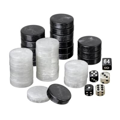 Backgammon pieces, large, 34 x 10 mm, plastic, black / white, incl. dice