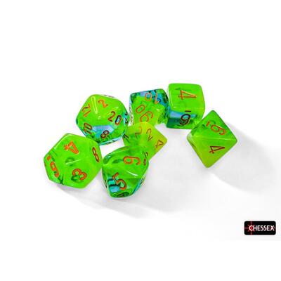 Gemini Plasma Green-Teal/orange Luminary Polyhedral 7-Dice Set